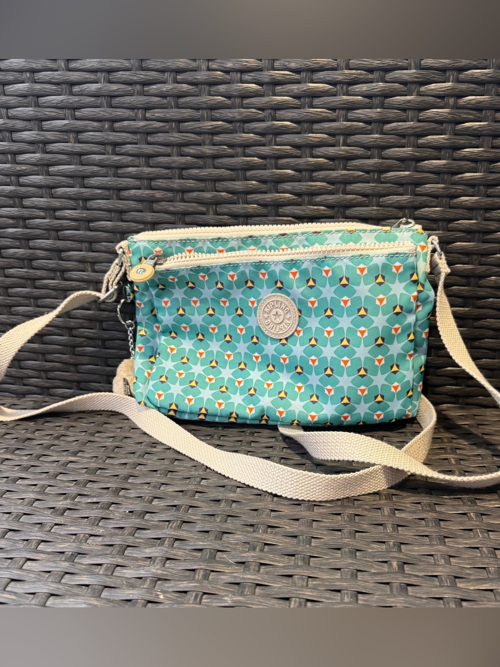 Kipling Teal Geo Pattern Crossbody Bag with Beige Strap